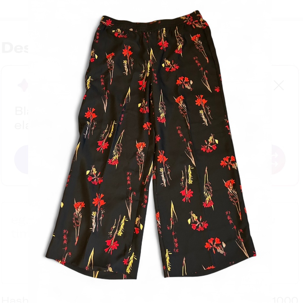 Vince Camuto Black Floral Pants Size Large Elastic Waistband